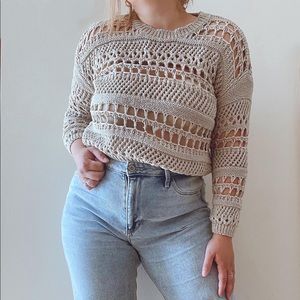 Tan Crochet Knitted Chunky Knit sweater jumper cropped Vintage Boho neutral